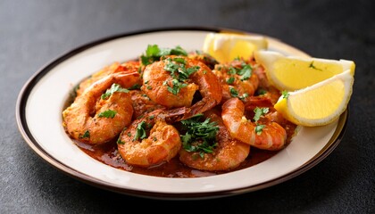 Fototapeta premium spicy garlic chilli prawns shrimps with lemon and cilantro