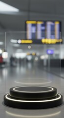 Elegant product display stage with neon lighting in a modern airport terminal