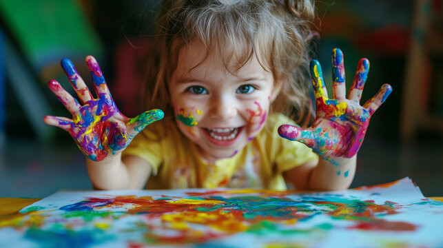 Happy child with colorful painted hands enthusiastically creating art at home. The toddler is thoroughly enjoying a fun and engaging activity. Image made using Generative AI. - Powered by Adobe