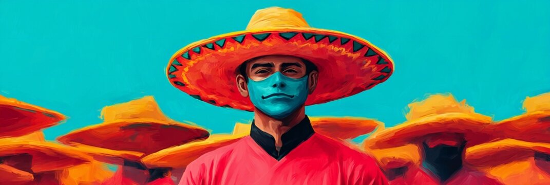 Cinco de Mayo, Vibrant portrait of a man in a sombrero wearing a blue face mask surrounded by others against a bright turquoise backdrop A bold colorful artistic illustration