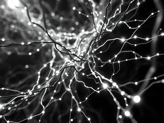 Black & White Fiber Optic Cables Neural Network: Sci-Fi Cyber Art with Soft Glowing Highlights & Hyper-Detailed Lighting Reflections