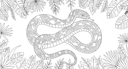 Detailed Snake Illustration Amongst Tropical Foliage Black and White Coloring Page