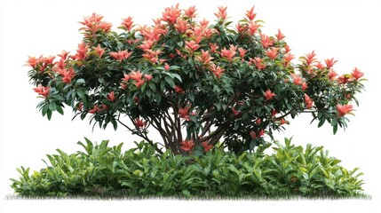Fototapeta premium Red Robin Shrub with Green Bushes Isolated on White Background