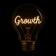  'Growth' written with filaments inside a glowing light bulb on a black background