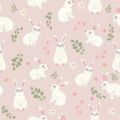 Spring seamless pattern with a cute bunnies, flowers and branches. Concept of holiday, joy, happiness. Ideal for banners, cards, posters, stickers, wall art print. Vector illustration in a flat style