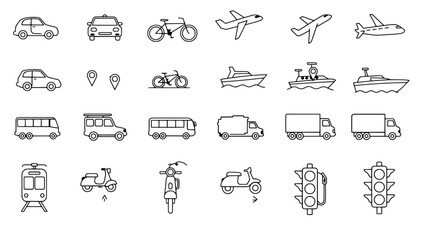Urban Mobility: A collection of minimalist line art icons depicts various modes of transport, each one meticulously crafted, portraying urban life with simplicity and precision.