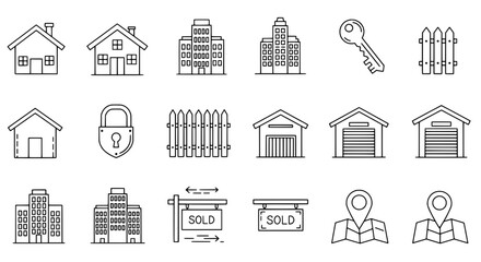 Home Ownership and Real Estate Icons: A collection of minimalist line art icons representing various aspects of home ownership and the real estate industry.