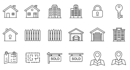 Real Estate Icon Set: A comprehensive collection of property-related icons, perfect for real estate agencies, construction companies, and home design projects. This graphic resource includes houses.