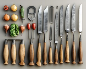 Flatlay of assorted kitchen knives and miniature vegetables.  Wooden handles and metallic blades