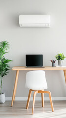 Minimalist home office with wall-mounted air conditioner and modern decor