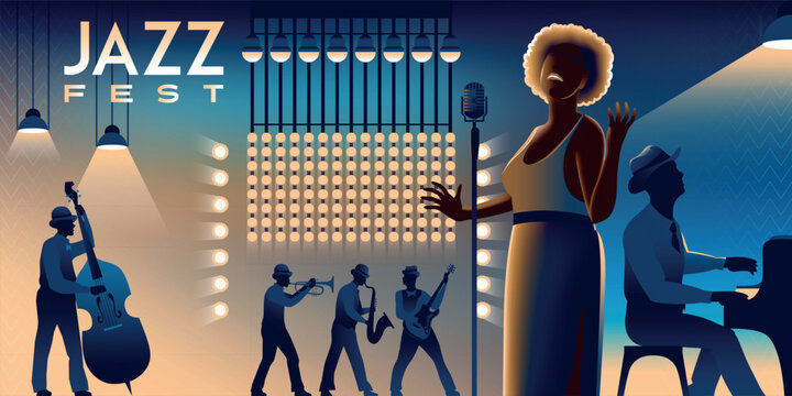 Performance jazz band at the festival. Songstress and pianist in the first plan. Jazz festival or retro party invitation design template. Vector art deco style illustration.