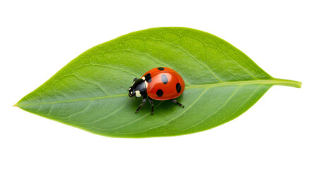 Fototapeta premium Ladybug Resting on Green Leaf Isolated on White Background