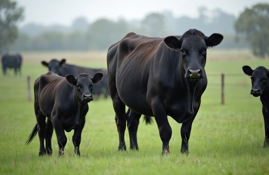Black angus beef cows graze grass field. Cattle farm in Australia. Sustainable agriculture practices. Cows are healthy. Herd of beef animals grazing. Rural farming. Beef cattle ranch, meat production.