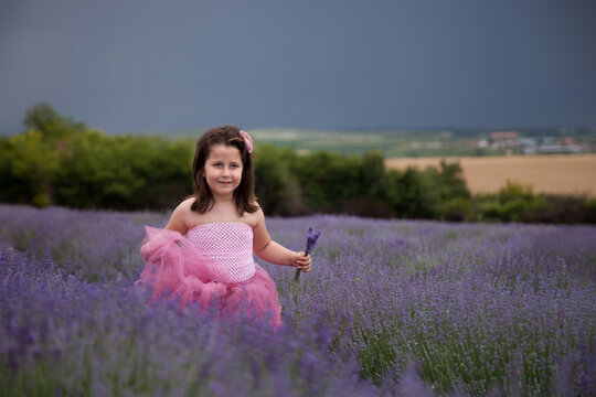 Smiling Girl in a pink staples party dress standing in a lavender field holding lavender, Bulgaria