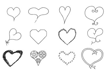 Set of different hearts in doodle style. Freehand drawing. Doodle. Hand Drawn. Outline.
