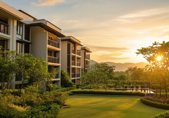 Fototapeta premium a modern apartment building with a garden and sunlight in the morning Generative AI