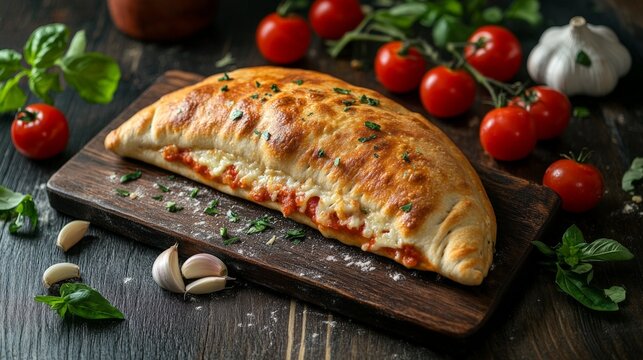 Delicious italian calzone with fresh tomatoes and garlic on wooden board