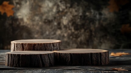 Fototapeta premium Wooden Log Product Display Podiums on Rustic Surface for Autumn Theme