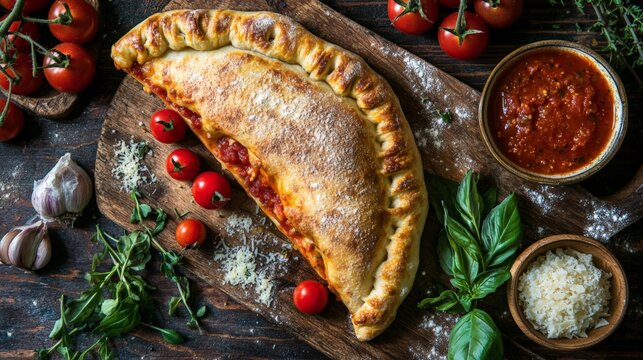 Delicious italian calzone with fresh basil and cherry tomatoes on wooden board