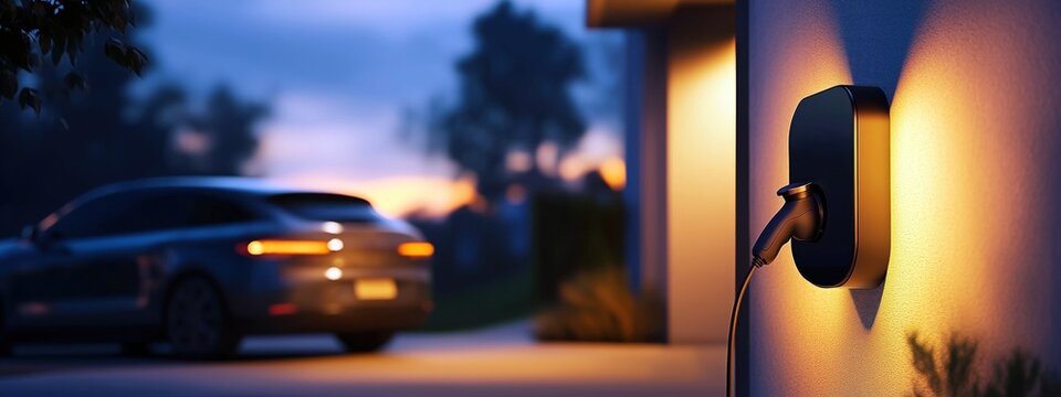 Une borne de recharge pour voiture électrique sur le mur d'une maison moderne, avec un véhicule flou en arrière-plan.