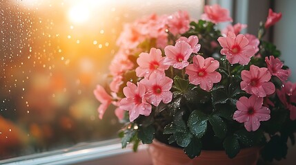 Fototapeta premium Pink flowers with rain, and sunset window.