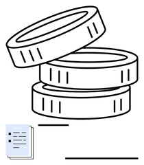 Three stacked coins beside documents signify investment, wealth management, and record-keeping. Ideal for finance, budgeting, saving, accounting, investment strategy, economic planning flat simple