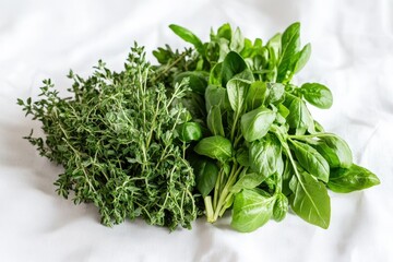 Fresh bunches of fragrant herbs are arranged on a white surface