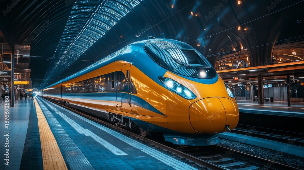 Poster a sleek autonomous train waits at a busy railway station, highlighting innovations in logistics and 
