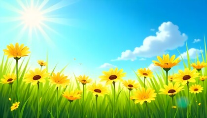Fototapeta premium A vibrant, sun-drenched field of yellow daisies under a clear blue sky. The daisies, with their bright yellow petals and dark brown centers