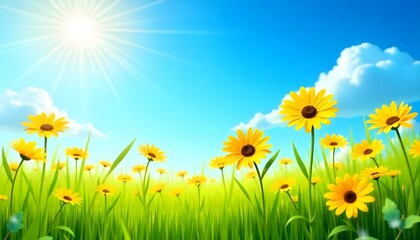 Fototapeta premium A vibrant, sun-drenched field of yellow daisies under a clear blue sky. The daisies, with their bright yellow petals and dark brown centers