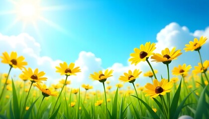 A vibrant, sun-drenched field of yellow daisies under a clear blue sky. The daisies, with their bright yellow petals and dark brown centers