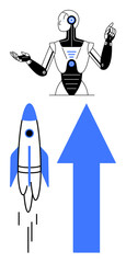 Robot with open arms above a launching rocket and large upward arrow. Ideal for technology, AI, innovation, growth, progress, aerospace, success. Clean flat simple metaphor