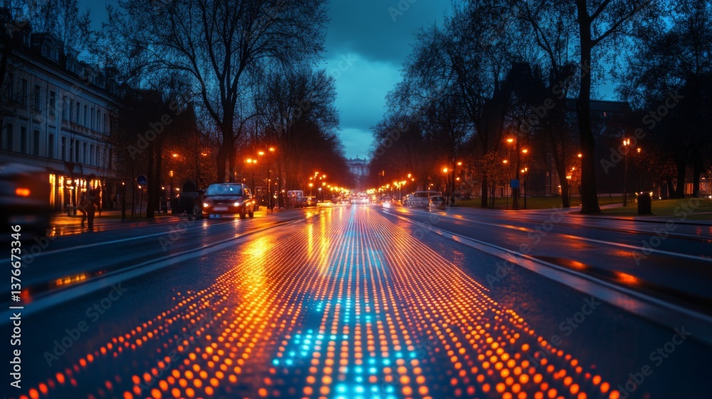 Aufkleber Illuminated smart road featuring sensor technology supports autonomous vehicles and connectivity in a vibrant urban environment at dusk, showcasing advanced logistics and transportation.