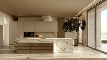 A sleek, open-plan kitchen with marble countertops and minimalist cabinetry
