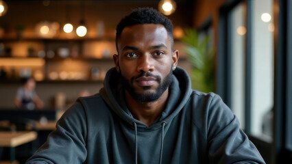 young african american man in casual grey hoodie sitting in cozy cafe. urban dining, candid portrait. leisure, solitude, modern lifestyle