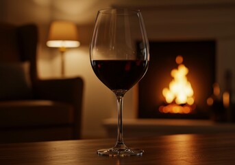 Wine glass with red wine near fireplace for cozy evening at home. Romantic dinner, celebration, tasting, relaxation, holidays and special occasions concept