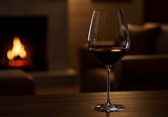 Red wine in glass on table. Romantic evening with fireplace. Festive atmosphere for meeting friends or dating couple, celebration drink, home comfort, warmth, indoors