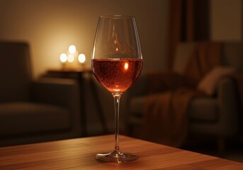 Wine glass shimmering with bubbly delight on wooden table. Elegant celebration of life, romantic escape for special occasion in cozy warm light scene, relaxation time