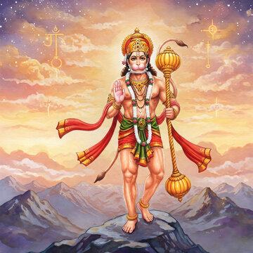  Lord Hanuman, the divine monkey god, is known for his immense strength, devotion to Rama, and wisdom. He is immortal, carries a gada, and symbolizes courage, loyalty, and protection.