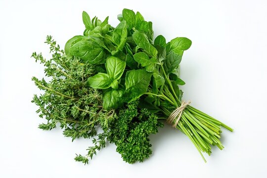 A colorful bundle of assorted fresh herbs on a white surface