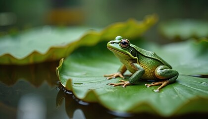 Obraz premium Green frog sits on lily pad at pond. Frog macro photo in natural environment. Closeup of amphibian at water. Focus on eye. Relaxed frog resting at leaf in day.