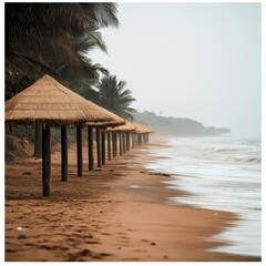 Fototapeta premium Capturing the tranquil beauty of Anho Beach in Togo with rustic huts lining the sandy shore under a soft sky Generative AI