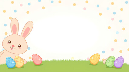 Ein süßer Osterhase im Cartoon-Stil, der aus der Ecke lugt, mit einem Hintergrund aus Tupfen und verstreuten bemalten Eiern. Ostern. KI Generated