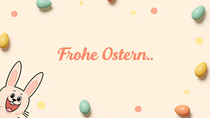 Ein süßer Osterhase im Cartoon-Stil, der aus der Ecke lugt, mit einem Hintergrund aus Tupfen und verstreuten bemalten Eiern. In der Mitte der Text: Frohe Ostern. KI Generated 