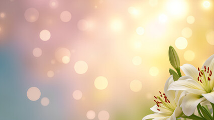 Ein verträumter Bokeh-Hintergrund in Pastellrosa, Blau und Gelb mit sanft verschwommenen Osterlilien und goldenem Licht. Ostern . KI Generated