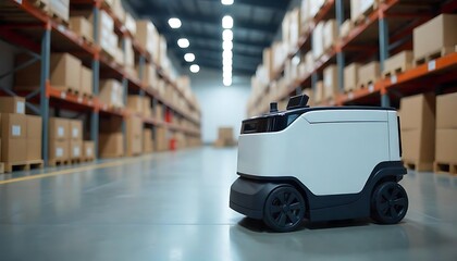 Obraz premium delivery robots with sensors parked in modern spacious warehouse with goods in shelves for shipment ecommerce delivery robots created with generative ai.