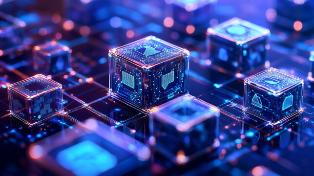 Cyberspace of digital technologies. Hypercube and blockchain concept. Spatial portal of encoded data. 3D illustration of a cubic array in a nano tech cyber space