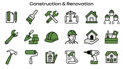 Simple Icon Set Related to Construction & Renovation. Contains Icons: Paint Brush, Drill, Hammer, Toolbox