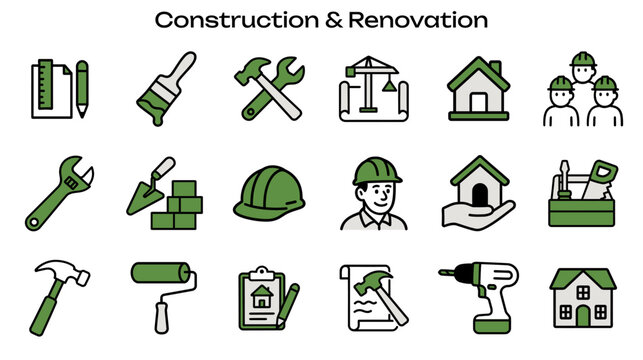 Simple Icon Set Related to Construction & Renovation. Contains Icons: Paint Brush, Drill, Hammer, Toolbox