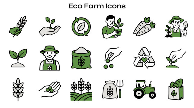 Simple Icon Set Related to Sustainable Farming and Ecology. Contains Icons: Farmer, Tractor, Seedling, Recycle